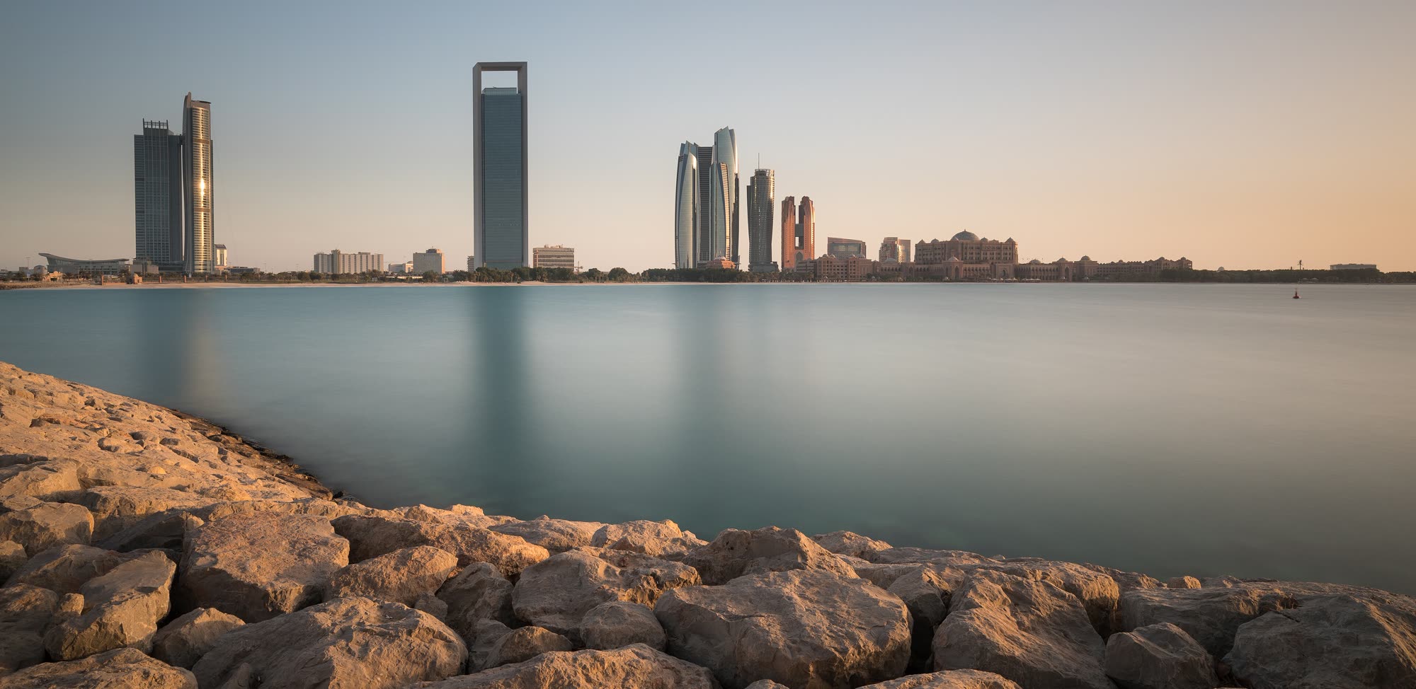 Abu Dhabi, photographed from the water at sunset