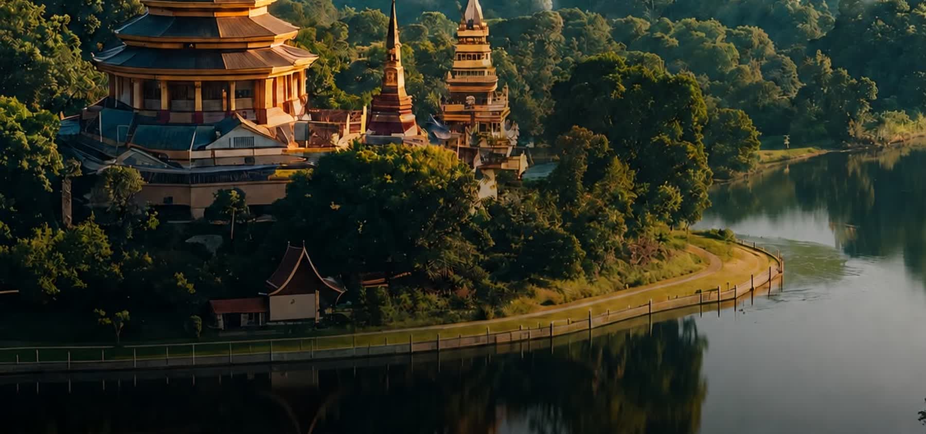 A golden Thai temple above the river, framed by forested hills